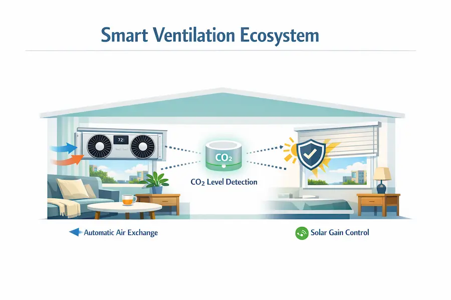 An infographic illustrating a smart home ecosystem where a CO2 sensor communicates with a window fan and smart blinds to maintain indoor air quality in a small apartment.