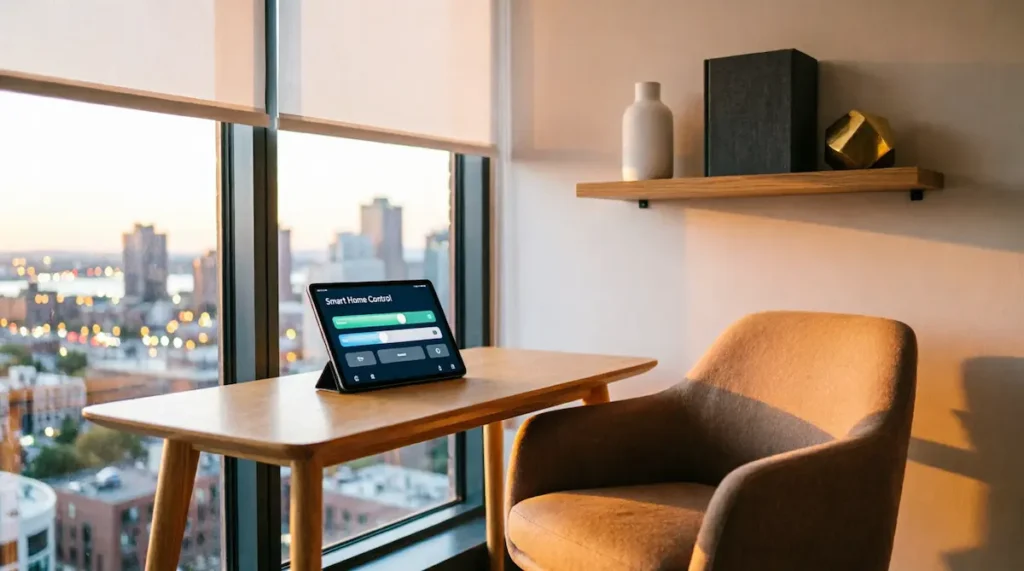 A tablet displaying a smart home dashboard for controlling motorized blinds and ventilation fans in a modern small apartment.
