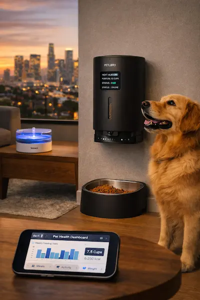 Golden Retriever looking at a wall-mounted black PetLibro smart feeder in a modern LA apartment with a dog water fountain and a phone app showing health data.