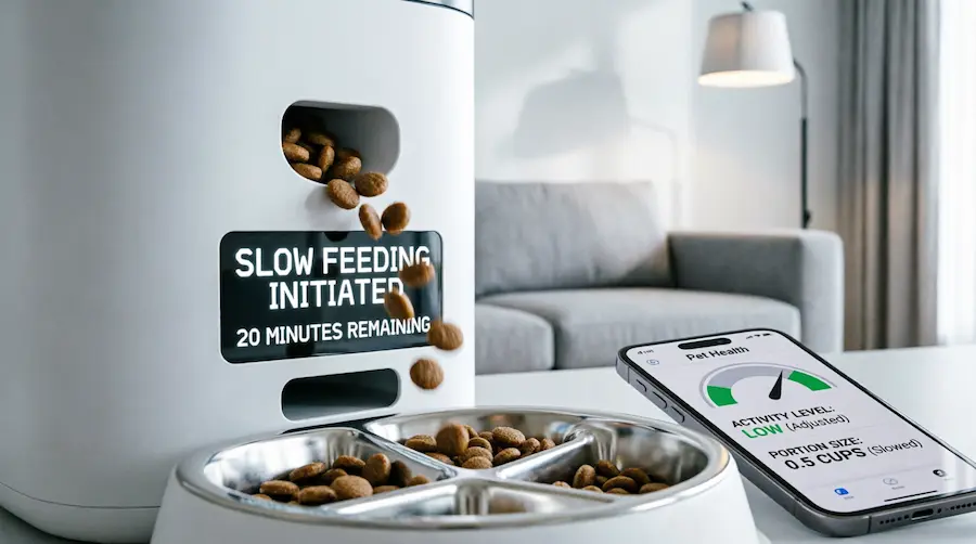 A close-up of an IoT slow feeder for smart home dog feeding, showing a digital countdown timer and an iPhone app managing dynamic meal portions.