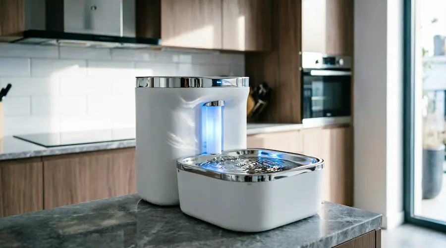 A compact UV-C filtered water fountain for smart home dog feeding, placed in a small kitchen corner with a subtle blue antibacterial glow.