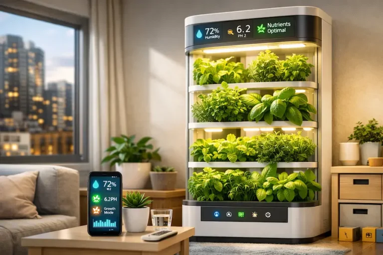 A sleek vertical smart indoor garden in a minimalist apartment featuring an LED display with growth data, connected to a smartphone app showing humidity and nutrient levels.