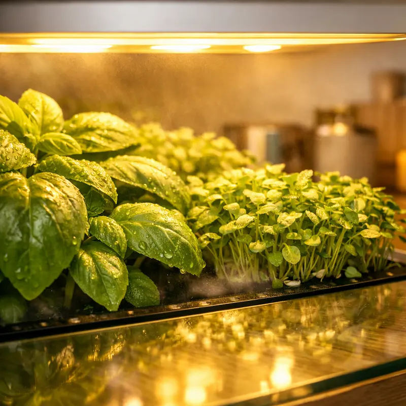 A close-up of vibrant, fresh basil and microgreens glowing under a soft, warm-toned sunrise LED light, reflecting beautifully on a polished glass surface within a modern smart indoor garden in an urban apartment.