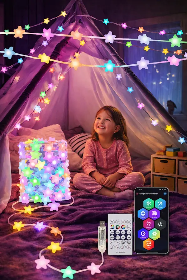 Smart Star Fairy Lights with app control and remote used in a cozy kids tent as space-saving smart devices for small playrooms.