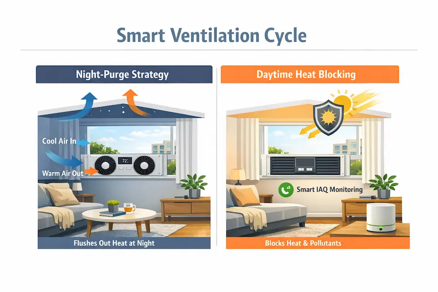 An educational infographic diagram showing the two phases of smart ventilation: Night-Purge strategy for cooling and Daytime solar heat blocking for energy efficiency in small apartments.
