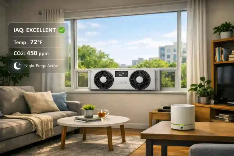 Smart ventilation system for a small apartment in 2026 showing indoor air quality monitoring and window fan cooling.