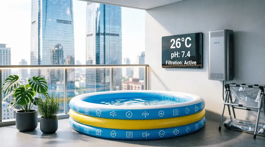 Child enjoying a smart setup of swimming pools in the summer of 2026 on a small urban balcony.