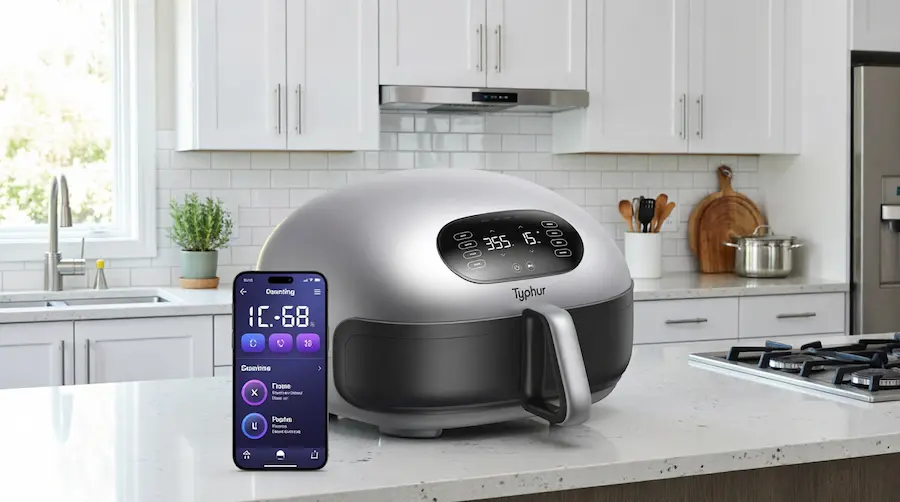 A close-up of the Typhur Dome 2, one of the top smart air fryers for small kitchens, highlighting its sleek digital control panel and modern design.