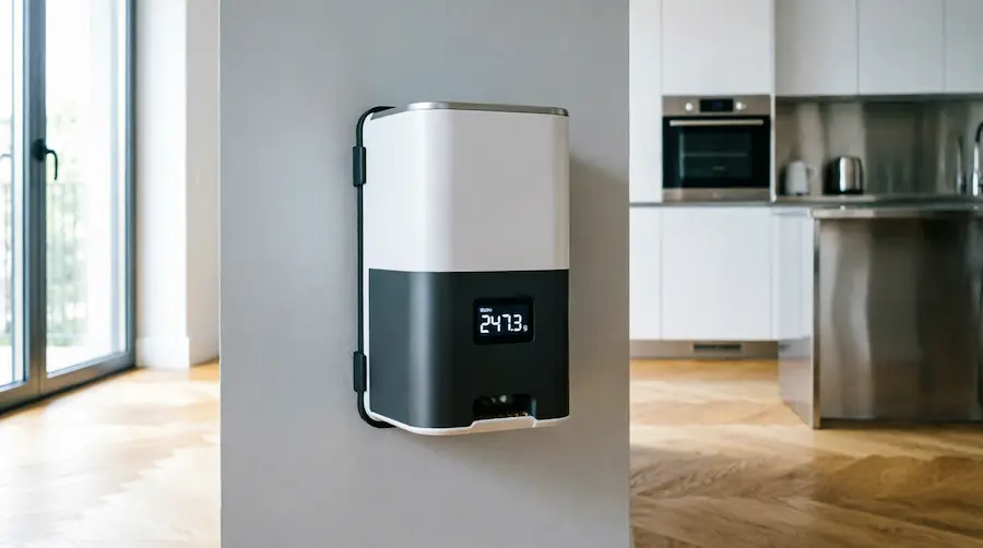 Close-up of a wall-mounted automatic feeder for smart home dog feeding, showcasing clear floor space and a digital interface with load cell weight precision data.