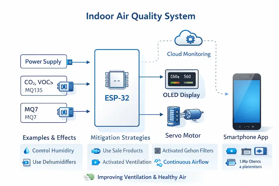 Diagram of an ESP‑32 based indoor air quality monitoring system showing sensors (MQ135, MQ7), OLED display, servo motor, and cloud connectivity for smart ventilation in compact spaces.
