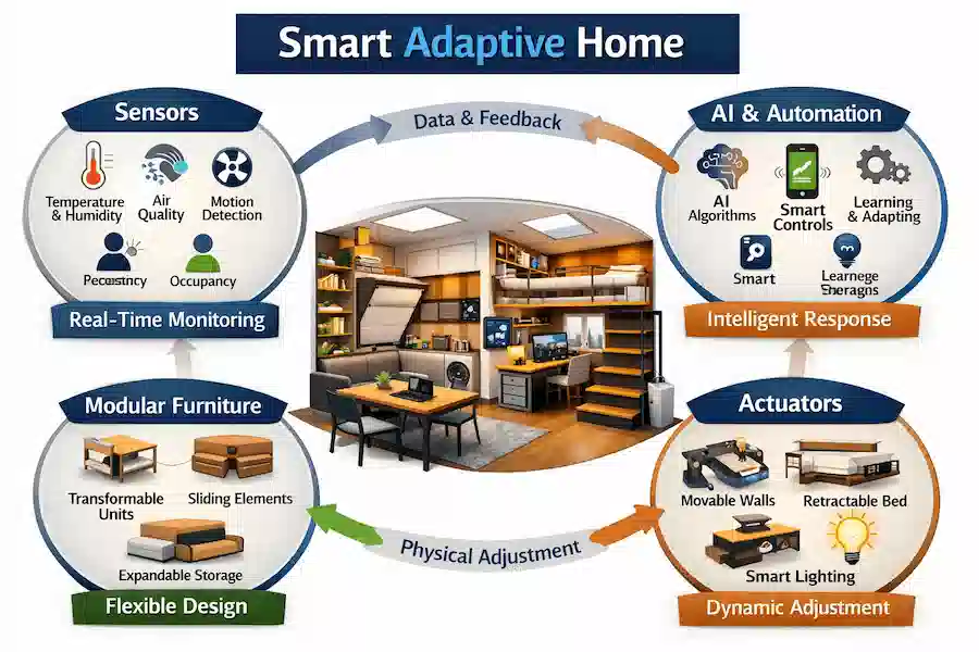 A detailed infographic showing how sensors, AI automation, actuators, and modular furniture interact to create a Smart Adaptive Home that supports Adaptive Flexibility and Quality of Life.