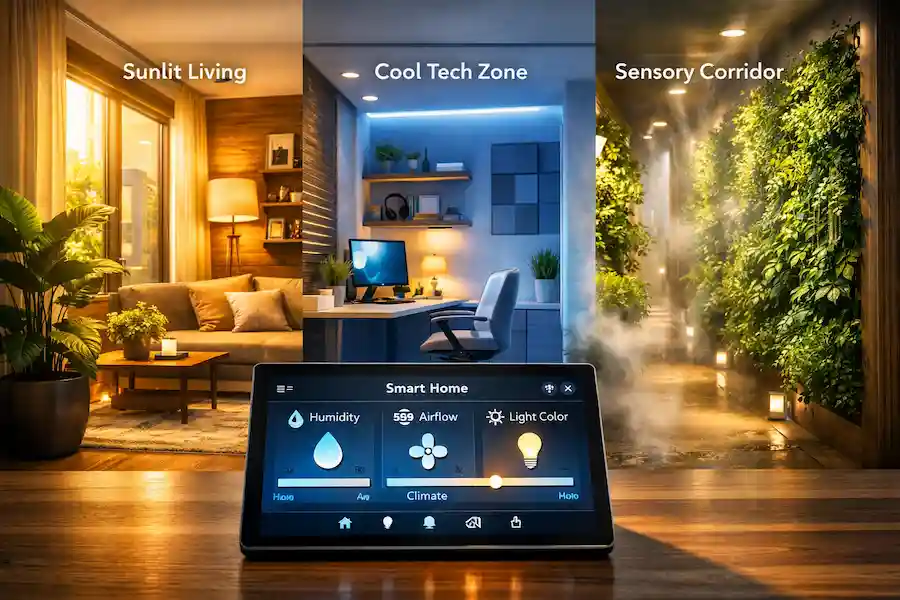 A smart building interface demonstrating Adaptive Flexibility by managing micro-environmental zones for light, temperature, and sensory comfort.