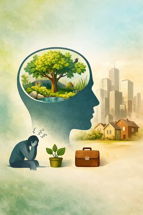 Human head silhouette filled with greenery symbolizing the biological connection between nature and urban life.