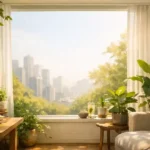 Compact modern interior filled with natural light and greenery, symbolizing the harmony between Biophilic Design and Quality of Life in urban living.