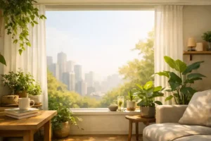 Compact modern interior filled with natural light and greenery, symbolizing the harmony between Biophilic Design and Quality of Life in urban living.