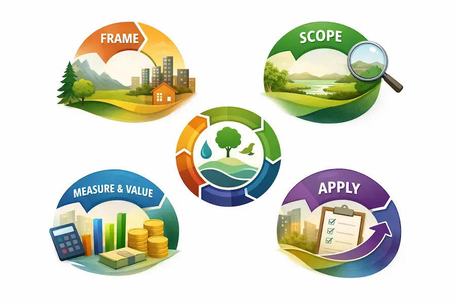 Circular diagram illustrating the four stages of the Natural Capital Protocol: Frame, Scope, Measure & Value, Apply.