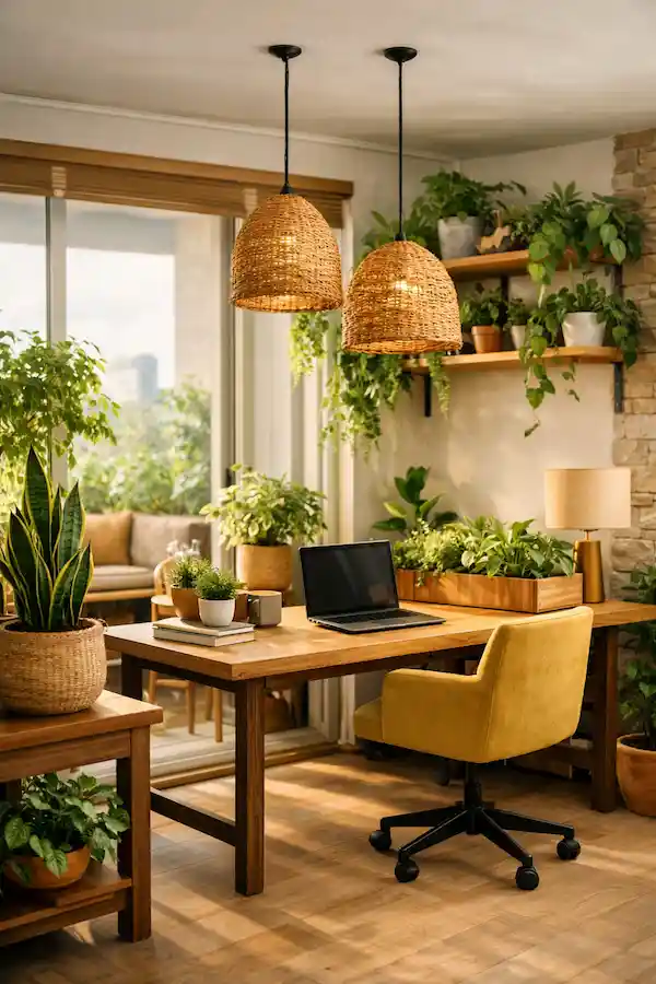 Indoor workspace with natural light, wooden furniture, and lush plants illustrating biophilic design principles.