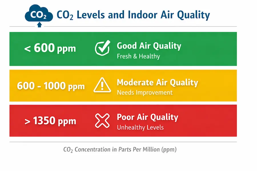 Ventilation and Indoor Air Quality chart showing CO2 concentration levels in ppm: green for good, yellow for moderate, and red for poor air quality.