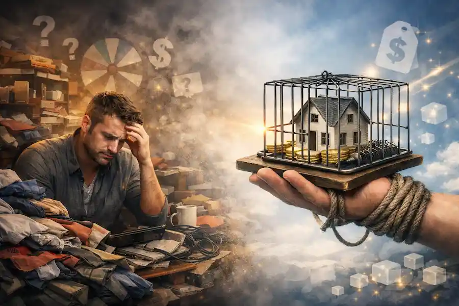 A photorealistic illustration representing Cognitive Biases and the Ownership Trap, showing a stressed man surrounded by clutter on one side and a symbolic mousetrap holding a house on gold coins on the other, reflecting the paradox of choice and attachment to possessions that affect Cognitive Clarity and Quality of Life.