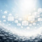 A horizontal 21:9 abstract illustration symbolizing Cognitive Clarity and Quality of Life, showing a transition from dark geometric fragments at the bottom to luminous, floating cubes and glowing lines in soft whites, light blues, and pale gold tones.