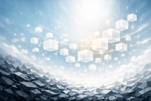 A horizontal 21:9 abstract illustration symbolizing Cognitive Clarity and Quality of Life, showing a transition from dark geometric fragments at the bottom to luminous, floating cubes and glowing lines in soft whites, light blues, and pale gold tones.