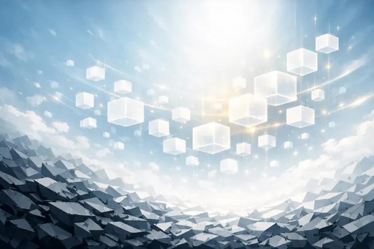 A horizontal 21:9 abstract illustration symbolizing Cognitive Clarity and Quality of Life, showing a transition from dark geometric fragments at the bottom to luminous, floating cubes and glowing lines in soft whites, light blues, and pale gold tones.