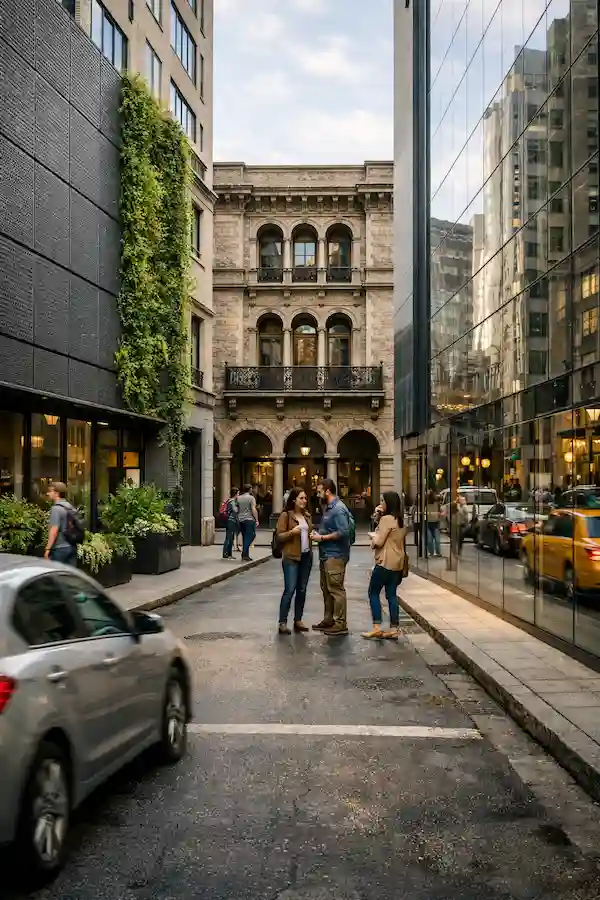 Urban street with diverse façades illustrating Engineering the Soundscape through sound absorption, reflection, and diffusion.