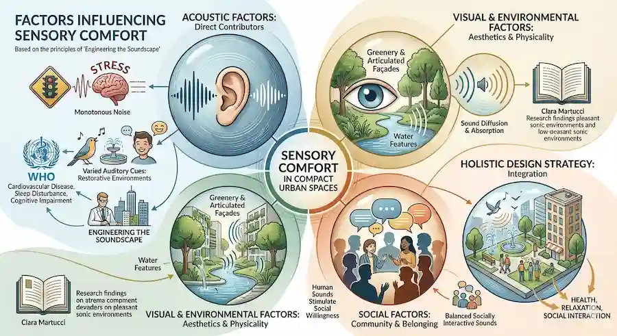 A detailed infographic about Engineering the Soundscape, showing acoustic, visual, and social factors that influence sensory comfort in compact urban environments.