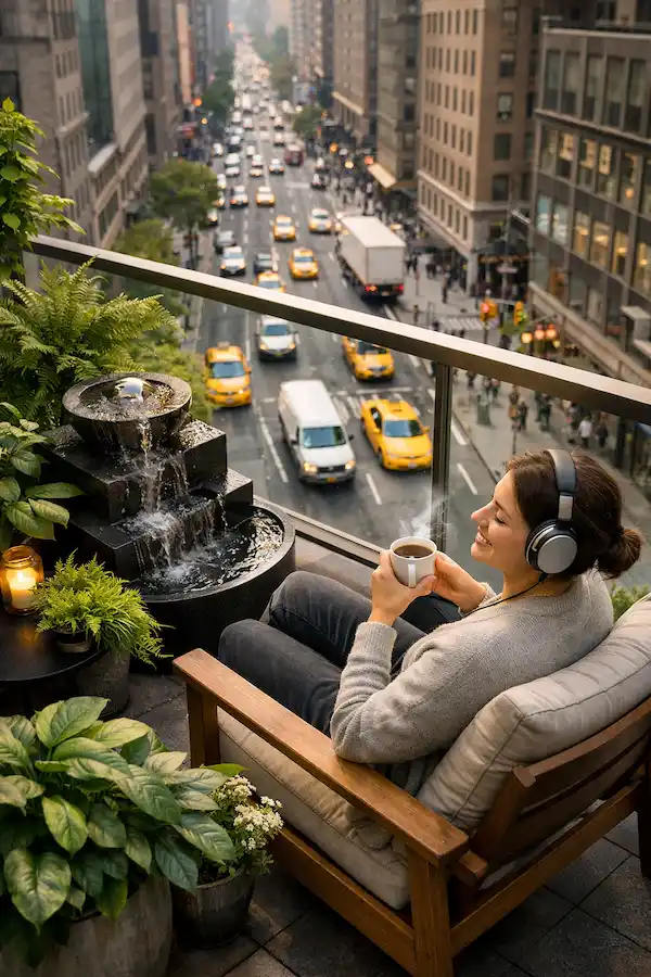 A peaceful modern balcony illustrating Engineering the Soundscape principles, balancing acoustic, visual, and social comfort in compact urban spaces.