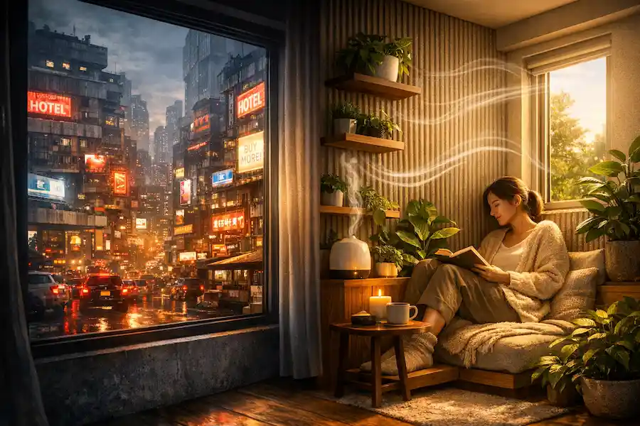 A conceptual image showing the contrast between a noisy, neon-lit urban exterior and a tranquil, plant-filled interior sanctuary, representing air quality and acoustic comfort in small spaces.