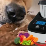 An official ChefPaw pet food maker automated cooker preparing healthy nutrition for dogs alongside fresh ingredients and a dog eating.