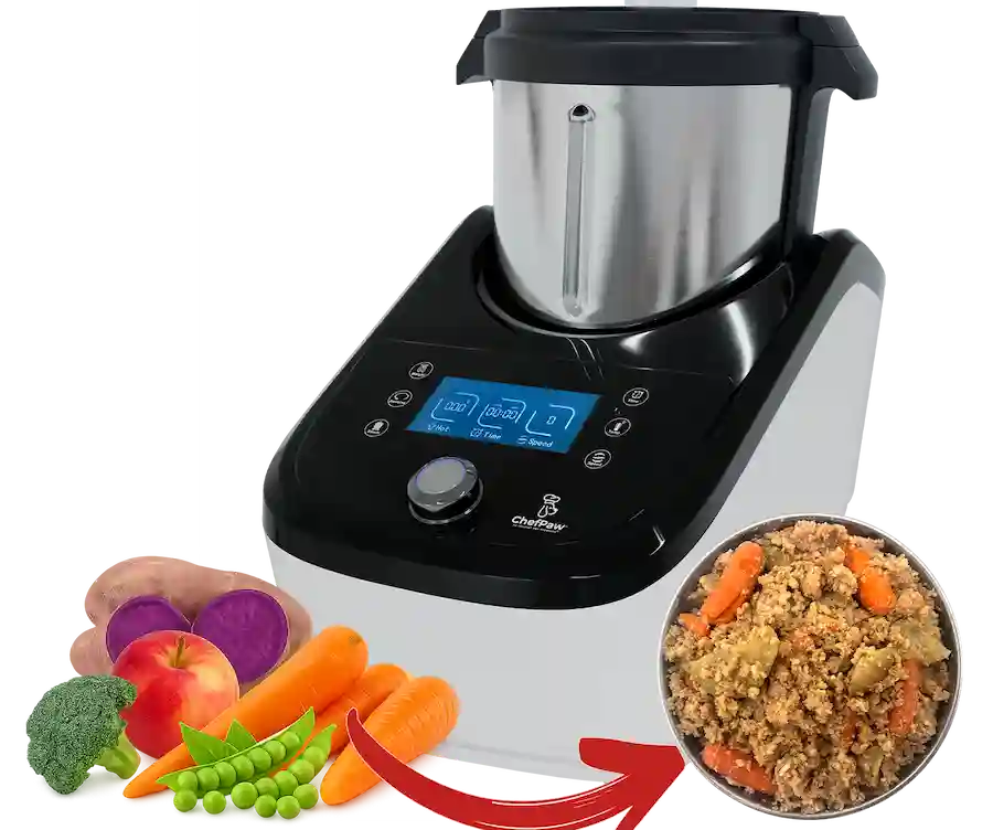 The official ChefPaw smart dog food maker appliance next to fresh vegetables and a meal bowl, demonstrating healthy nutrition for dogs.