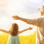 Human-Centric Lighting scene: a young girl and an elderly man in a sunlit field, arms outstretched — symbolizing freedom, nature, vitality, and intergenerational harmony.