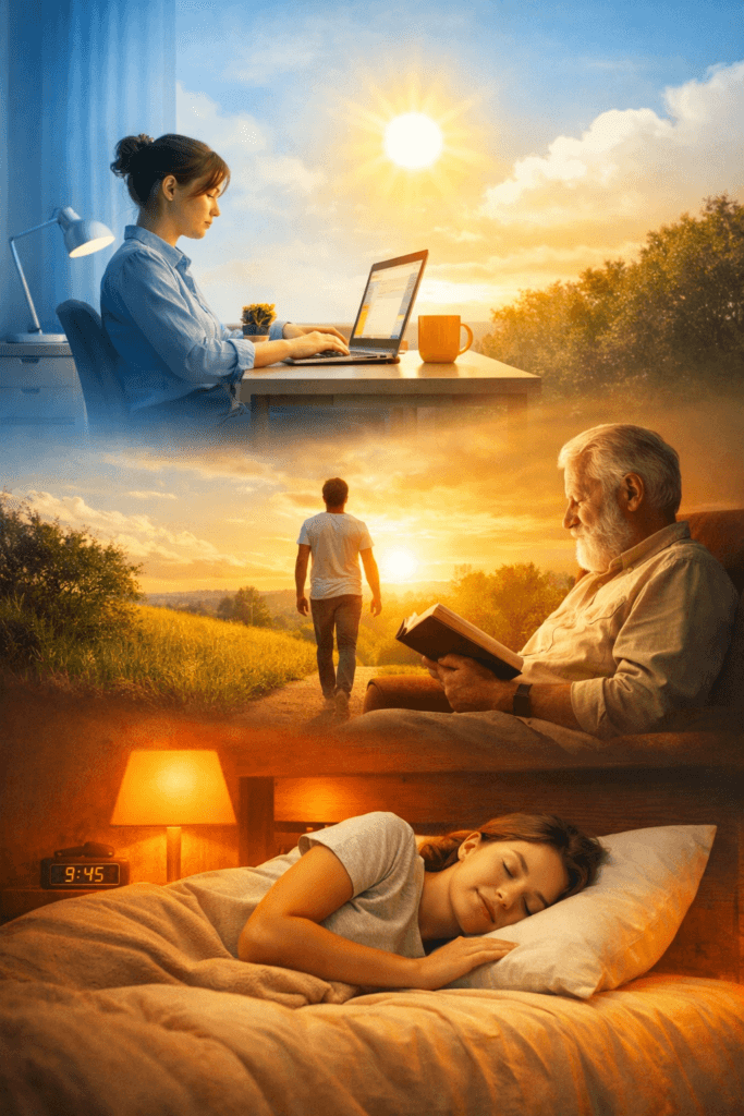 Vertical realistic photo showing human-centric lighting and circadian rhythm through daily light transitions — morning cool light for focus, midday natural balance, evening warm light for relaxation and sleep.