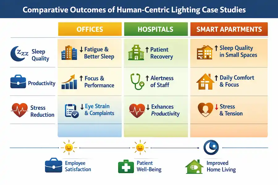 Infographic comparing outcomes of Human-Centric Lighting case studies in offices, hospitals, and smart apartments — showing effects on sleep quality, productivity, and stress reduction.