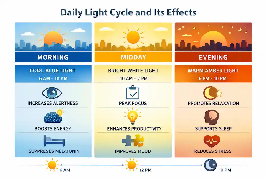 Human-Centric Lighting infographic showing daily light cycle and circadian rhythm effects — cool blue morning light for alertness, bright midday light for productivity, and warm evening light for relaxation and sleep.