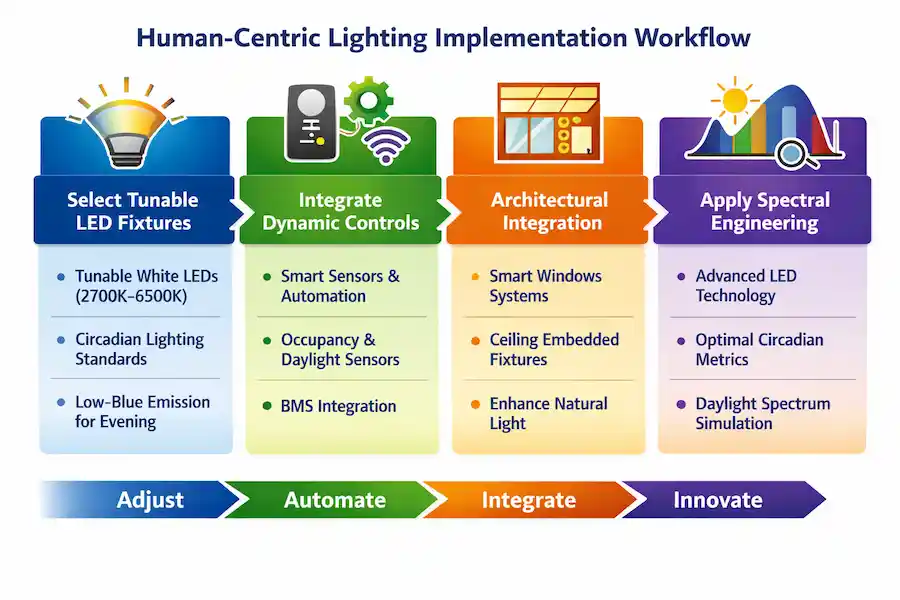Infographic showing Human-Centric Lighting implementation workflow: tunable LED fixtures, dynamic controls, architectural integration, and spectral engineering.