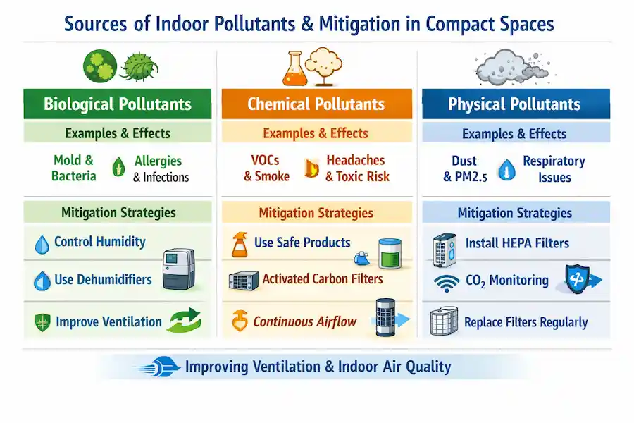 Comprehensive chart showing biological, chemical, and physical indoor pollutants and mitigation strategies for better air quality.