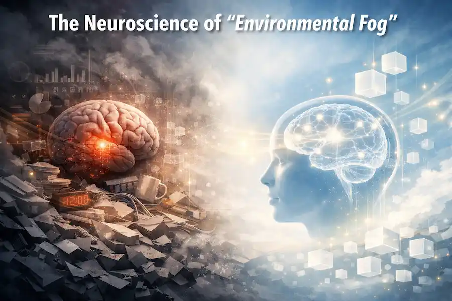An abstract scientific illustration representing The Neuroscience of Environmental Fog, showing the transition from a cluttered, stressed brain surrounded by fog and chaos to a luminous, transparent brain symbolizing Cognitive Clarity and Quality of Life.