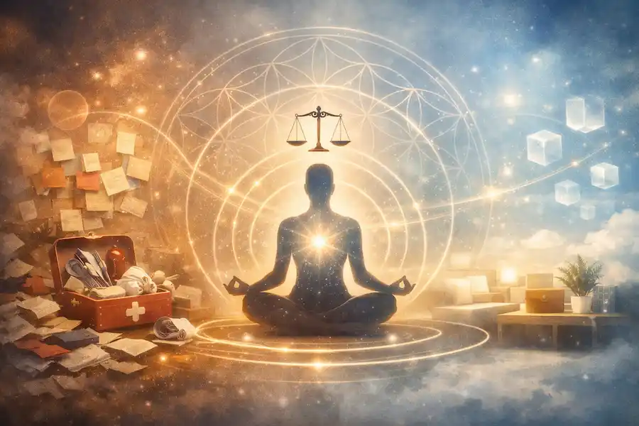 A symbolic abstract illustration representing The Philosophy of the Orderly Soul, showing a luminous geometric pattern and balanced energy flow that symbolize inner harmony, mindfulness, and Cognitive Clarity and Quality of Life through spiritual order.