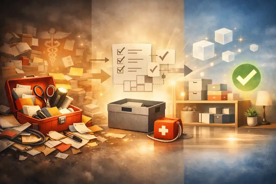 A symbolic abstract illustration representing The Paramedic Method for Compact Spaces, showing a transition from cluttered chaos to organized clarity through minimalist visual elements. The composition symbolizes the process of editing and simplifying space to achieve Cognitive Clarity and Quality of Life.