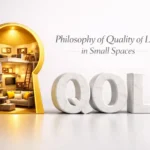 An abstract 3D render representing The Philosophy of Quality of Life in Small Spaces featuring a golden keyhole looking into a luxury apartment with a marble QOL logo.