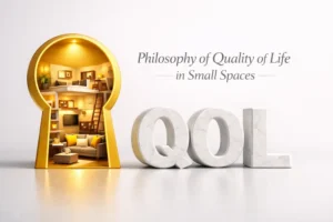 An abstract 3D render representing The Philosophy of Quality of Life in Small Spaces featuring a golden keyhole looking into a luxury apartment with a marble QOL logo.