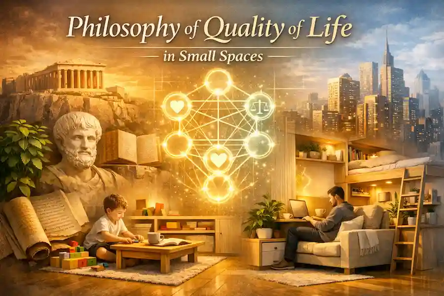 A conceptual illustration merging classical philosophy with modern small-space living, featuring a glowing sacred geometry diagram, a philosopher statue, and a multifunctional micro-apartment.
