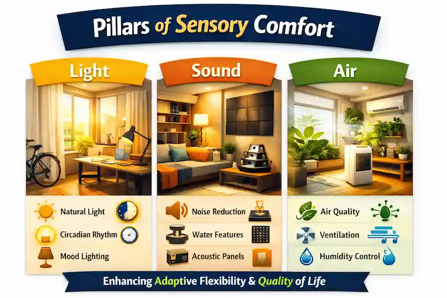 Infographic illustrating the three pillars of sensory comfort — light, sound, and air — showing how they integrate to enhance Adaptive Flexibility and Quality of Life in compact spaces.