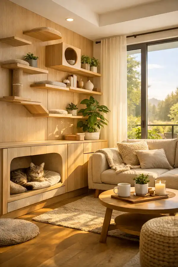 A modern living room showcasing quality of life in small spaces with integrated cat shelving and a cozy pet nook, emphasizing existential flourishing for humans and pets.