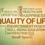 A word cloud centered around Quality of Life including well-being, environment, and small spaces.