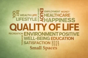 A word cloud centered around Quality of Life including well-being, environment, and small spaces.