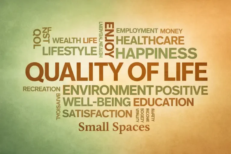 A word cloud centered around Quality of Life including well-being, environment, and small spaces.