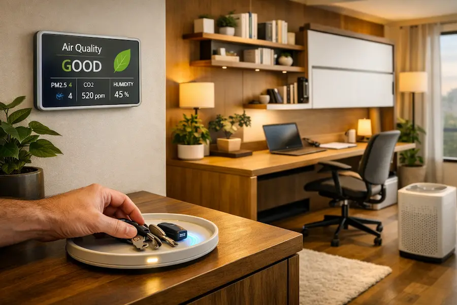 Realistic smart apartment interior illustrating reduced environmental friction — smart key tray, air quality monitor, and transforming furniture maintaining spatial flow and quality of life.
